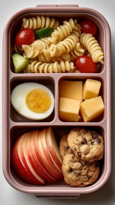 Lonchera con pasta, huevo, queso, manzana y galletas