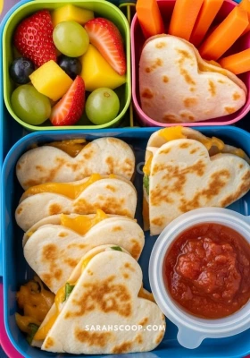 Lonchera con mini quesadillas en corazón, fruta y zanahorias
