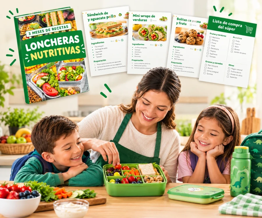 Portada del ebook 3 Meses de Recetas de Loncheras Nutritivas con familia preparando loncheras