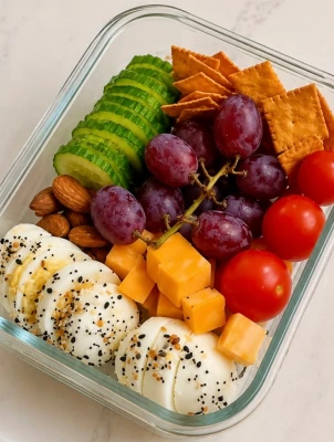 Lonchera con huevo, pepino, uvas, jitomates y galletas saladas