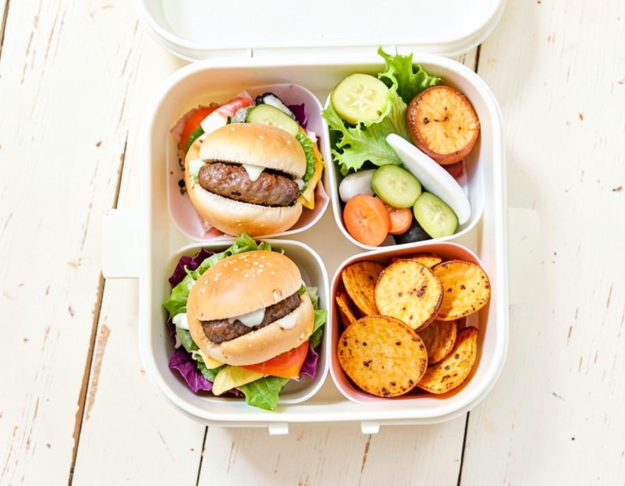 Lonchera con mini hamburguesas caseras y chips de camote
